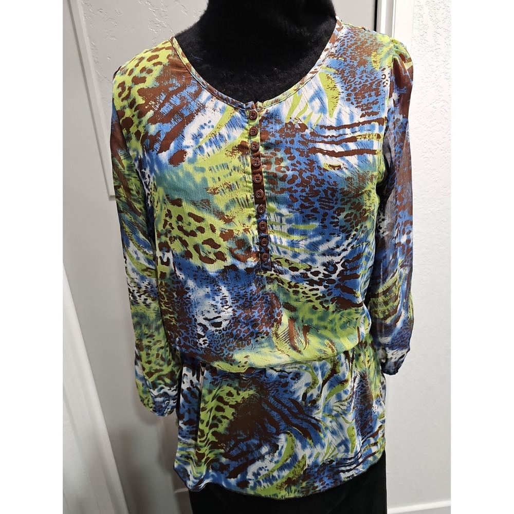 ETHYL Small Blue Green Animal Print Button Front Long Sleeve Blouse